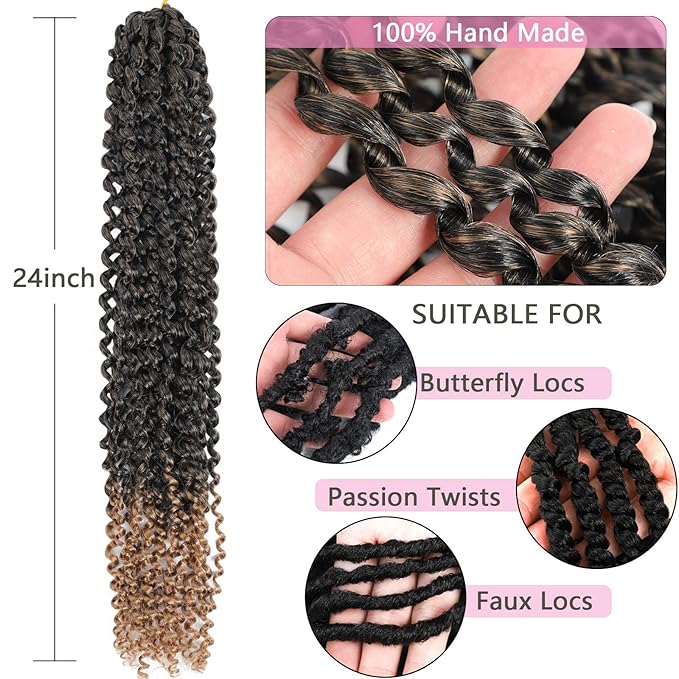 Passion Twist Hair 24 Inch 8 Packs Passion Twist Crochet Hair For Black Women Water Wave Braiding Hair Bohemain Long Spring Twist Hair Synthetic Hair Extension (24 Inch (Pack of 8), T27)