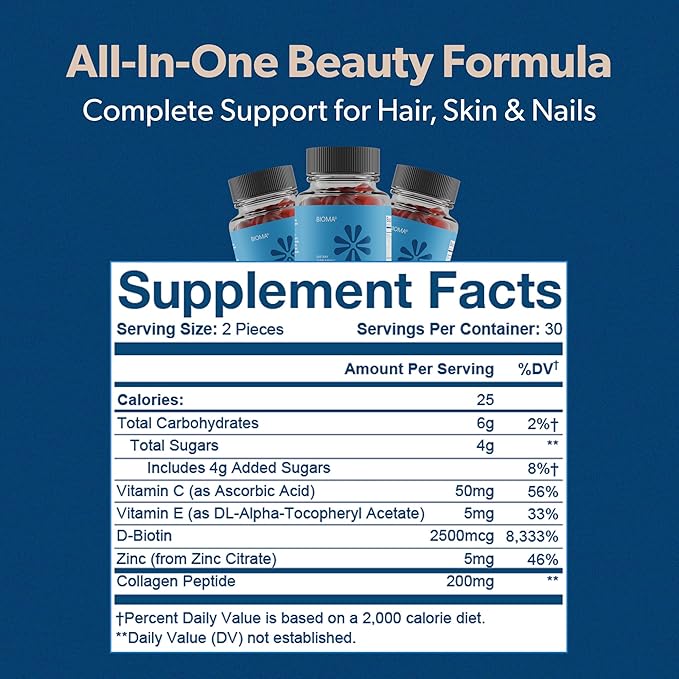 BIOMA Hair, Skin & Nails Beauty Gummies - Supports Growth & Strength with Biotin, Collagen, Zinc & Vitamins C & D - Gluten-Free - 180 Gummies (90-Day Supply, 3 Pack)