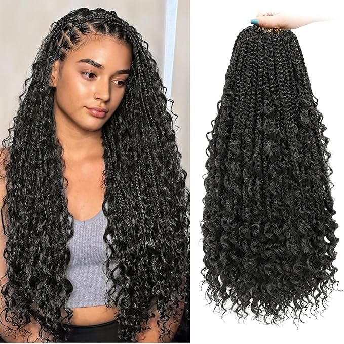 Goddess Box Braids Crochet Hair - 9 Packs, Boho 18 Inch Crochet Box Braids With Curly Ends For Black Women, Pre Looped Crochet Hair(18Inch 9 Packs,1B#)