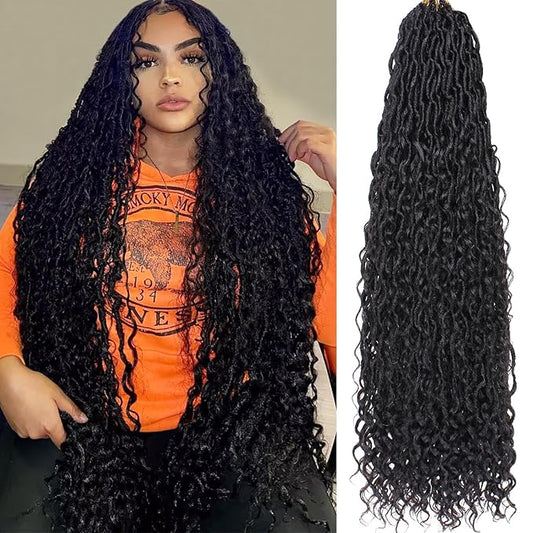 COOKOO Natural Black Faux Locs 30 Inch Crochet Hair for Women - 8 Pack, Pre-Looped Goddess Loc Extensions with Curly Ends - Boho Style Synthetic Hair