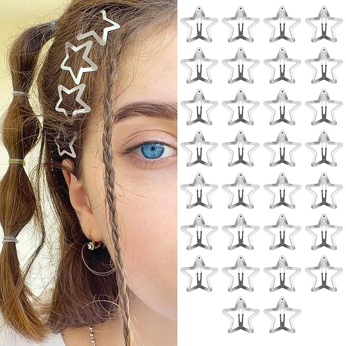 Star Hair Clips 2000s Y2K Snap Hair Barrettes Non Slip Star Hair Accessories Silver Metal Hair Clips for Girls Women -30 PCS 1.18"
