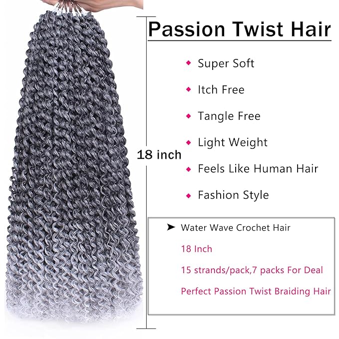 Grey Passion Twist Hair 18 Inch, 7 Packs Water Wave Crochet Hair Wrap Braiding Hair For Passion Twist Crochet Hair/Butterfly Locs/Spring Twist Crochet Braids Hair Extension(18in, T1B/Grey#)