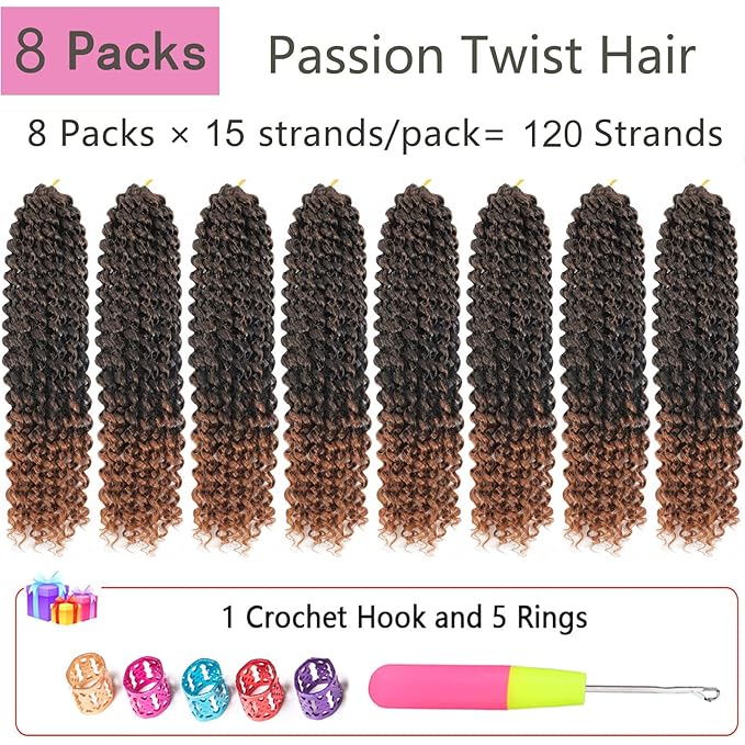 Ombre Brown Passion Twist Hair 14 Inch 8 Packs Water Wave Crochet Hair Braiding Hair Bohemian Spring Twist Hair Crochet Braids Synthetic Hair Extension (14 Inch, T30)