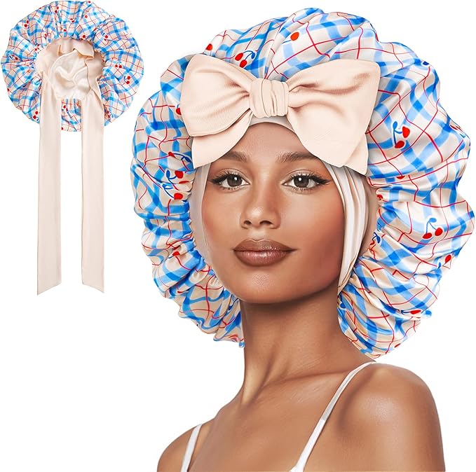 Double Layer Silk Bonnet with Tie Satin Lined Sleep Cap Hair Cover for Women's Curly Natural Hair
