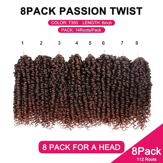Passion Twist Hair For Kids - 8 Packs 6 Inch Passion Twist Crochet Hair For Women, Crochet Pretwisted Curly Hair Passion Twists Synthetic Braiding Hair Extensions(6 Inch 8 Packs, T350)