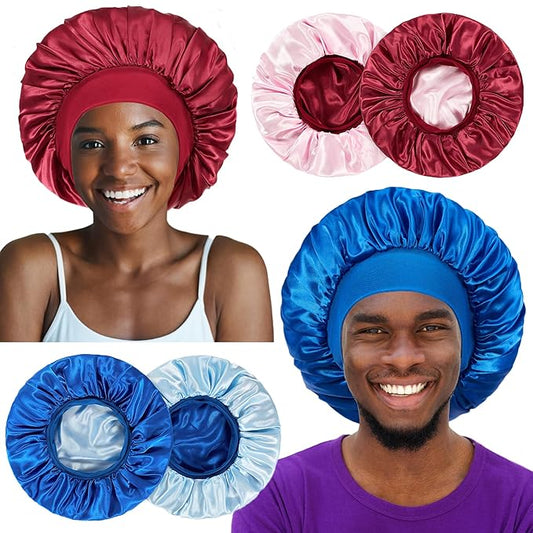 2pcs Bonnet for Men, Bonnets for Women, Satin Silk Hair Bonnet for Sleeping, Reversible Double Layer Wide Band Sleep Cap for Curly Hair Braids