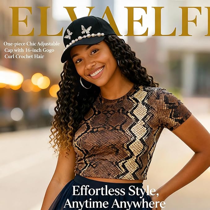 Hat with Gogo Hair Extensions, 16-Inch Synthetic Curly Brown Wig, Beach Curl Crochet Hair for Black Women