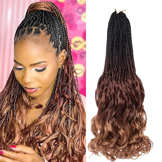 18 Inch French Curl Crochet Braids 9 Packs Ombre Brown Crochet Box Braids with Wavy Ends Pre Looped Synthetic French Curly Braiding Hair for Women