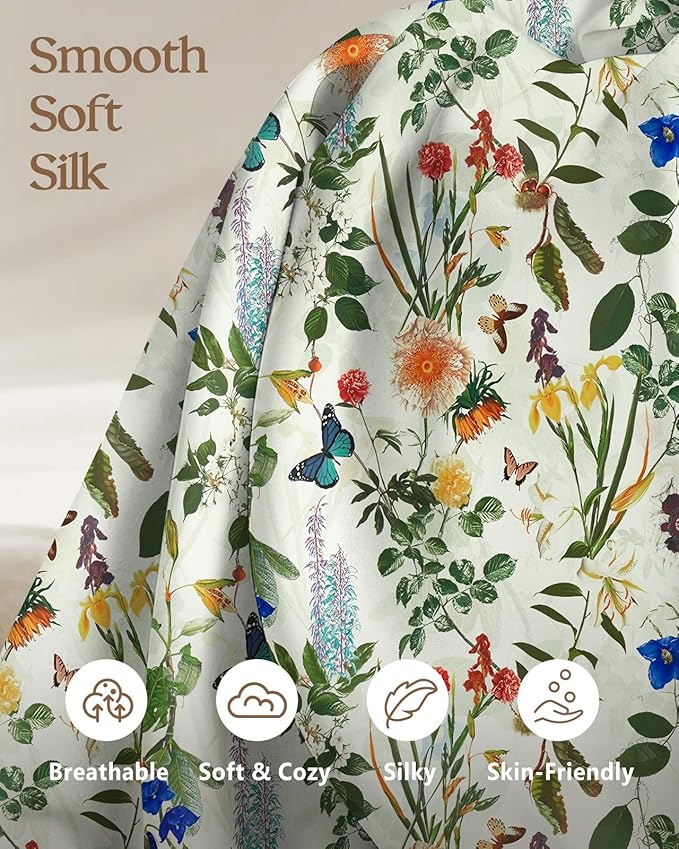 Silk Pillowcase 2 Pack - Pillow Cases 20" x 30" Queen Size Set of 2 for Hair and Skin Smooth Soft Breathable with Hidden Zipper Cooling Pillow Covers for Sleeping, Butterfly Plant