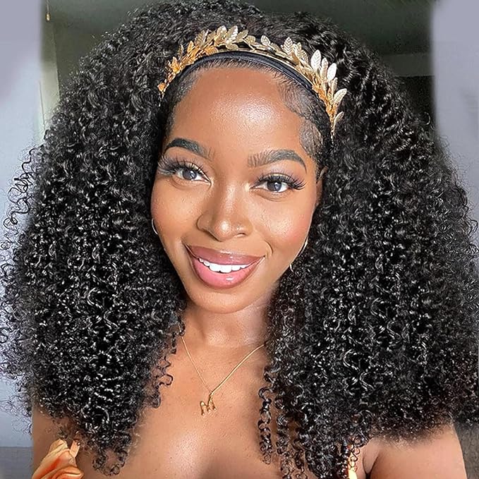 XSY Headband Wig Human Hair Kinky Curly 20 Inch Headband Wigs for Black Women Deep Curly Human Hair Wigs None Lace Front Wig 150% Density Natural Black Color