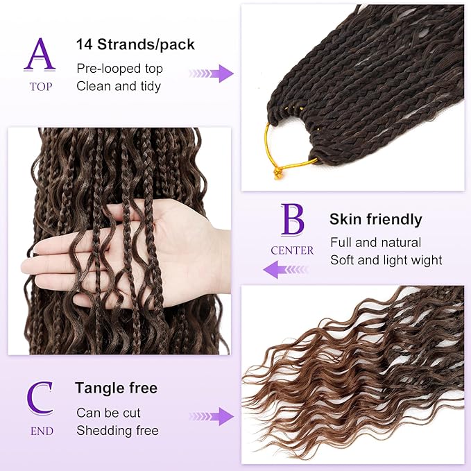 Eacia Goddess Box Braids Crochet Hair 14 Inch 7 Packs Boho Box Braids Pre looped Curly Bohemian Crochet Hair Extensions with Curly Ends for Women(14 Inch, T1B/30#)