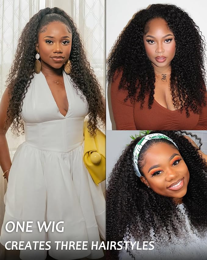 Kinky Curly Half Wig Human Hair - 200% Density, 18 Inch, Glueless Wear & Go, 3 in 1, Flip Over, Headband, Drawstring Wig, Natural Look, Beginner Friendly (Natural Black, 18 Inch, Kinky Curly)