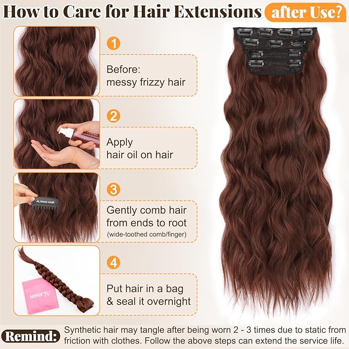 ALXNAN Clip in Long Wavy Synthetic Hair Extension 24 Inch Reddish Brown 4PCS Thick Hairpieces Fiber Double Weft Hair for Women