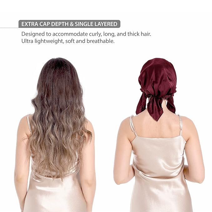 SissiLita 100% Silk Bonnet for Sleeping With Tie Band, Large Sleep Cap for Curly Hair, Wrap for Hair Care (Dark Red)