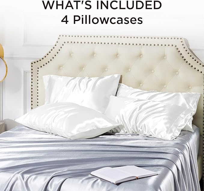 Bedsure King Size Satin Pillowcase Set of 4 - Pure White Pillow Covers for Hair and Skin 20x36 Inches with Envelope Closure, Similar to Silk Pillow Cases, Gifts for Women Men