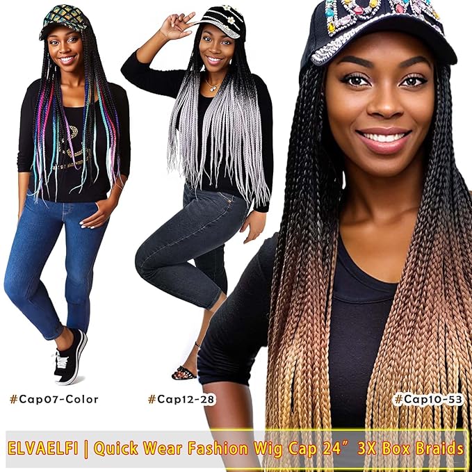 24" Box Braid Hair Extensions 100 Strands Gradient Brown, Rhinestone 'LOVE' Cap Wig for Women Girls Easy Style