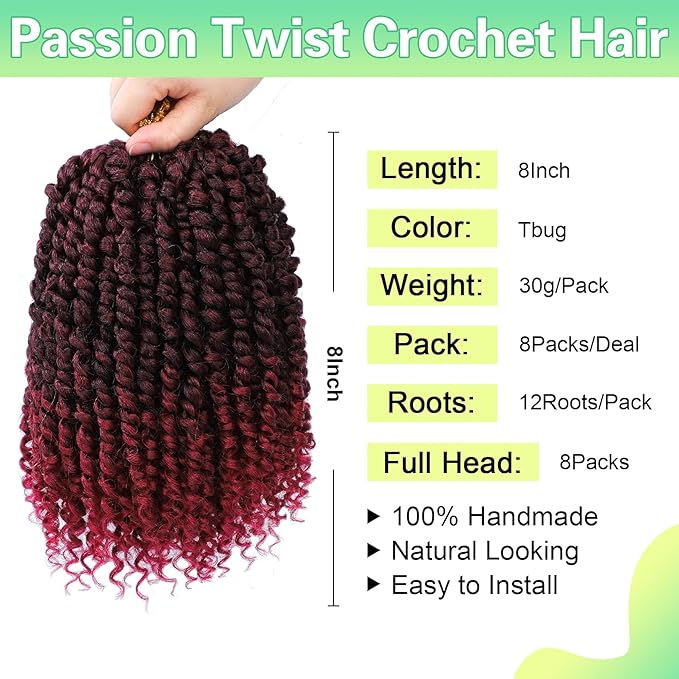 Passion Twist Crochet Hair 8Inch Passion Twist Hair 8 Packs Pre-Twisted Short Passion Twist Crochet Hair for Black Women Passion Twist Curly Crochet Hair Tbug