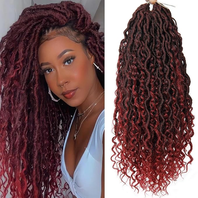Goddess Locs Crochet Hair 18Inch 8Packs Boho Faux Locs,Burgundy Crochet Locs With Curly Ends River Hippie Locs Bohemian Locs Crochet Hair(1B/BUG, 18inch(Pack of 8))