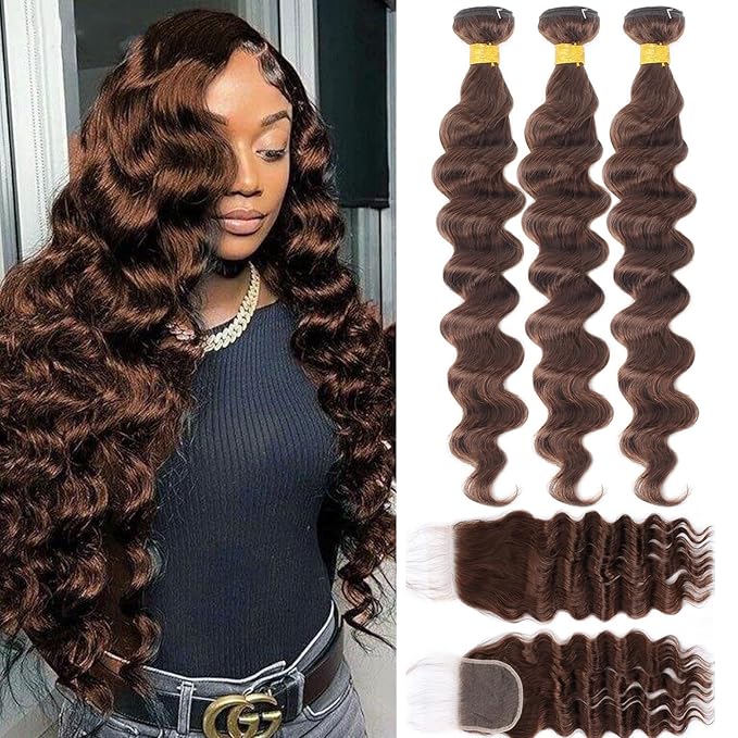 Brown Bundles with Closure Human Hair Loose Wave Human Hair Bundles with Closure (22 24 26+20）12A Brazilian Virgin Hair Light Brown Loose Deep Wave 3 Bundles with 4x4 Closure 4# Color