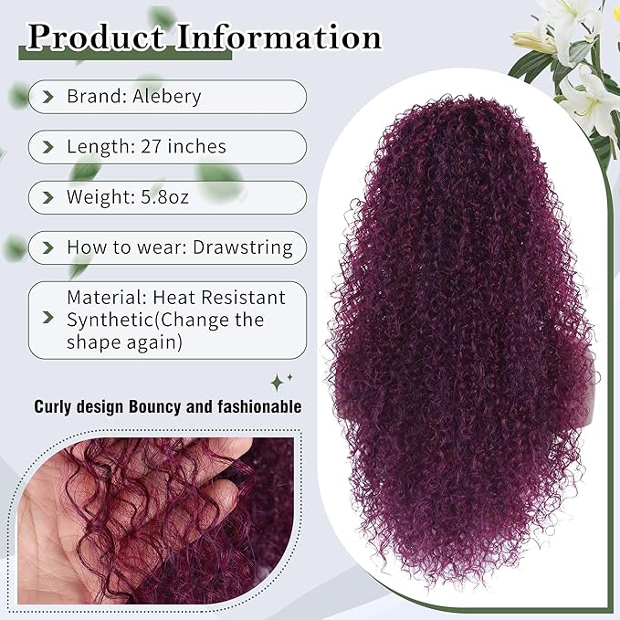 27 Inch Drawstring Ponytail Extension for Black Women Deep Curly Ponytail Extension Synthetic Mixed with Human Hair Hairpieces Afro Kinky Curly Pony Tail for Daily Use (Rose Purple)