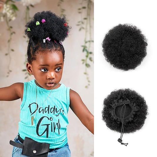 Kids Small Afro Puff 4 Inch Feipro Real Human Hair Ponytail Extension for Baby Black Women Short Kinky Curly Ponytail Drawstring Ponytail 4c Fake Bun Children African American Afro Puffs Jet Black 30g