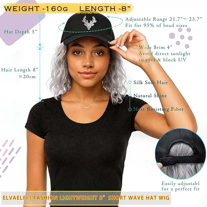 8 inch Wavy Hat Wig, Icy Silver Gray Bob Wigs Ago,Synthetic Short Curly Wigs,Hat with Hair Attached for Women