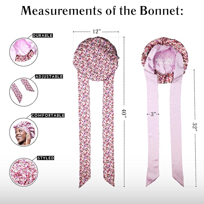 100% Mulberry Silk Bonnet for Sleeping with Ties – Adjustable 19 Momme Double-Layer Reversible Hair Wrap – Stay-On Sleep Bonnet for Women, Long Curly Hair, Natural Hair Care, Real Silk Night Cap – Handmade in USA (Floral)