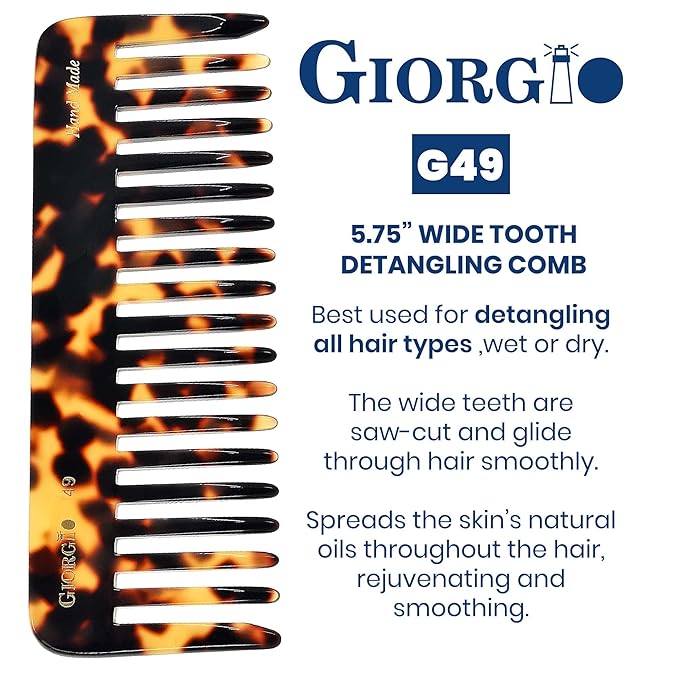 Giorgio G49 Yellow Tokio, Large Hair Detangling Comb, Wide Teeth for Thick Curly Wavy Hair, Detangler Comb For Wet and Dry, Handmade of Quality Cellulose, Saw-Cut, Hand Polished