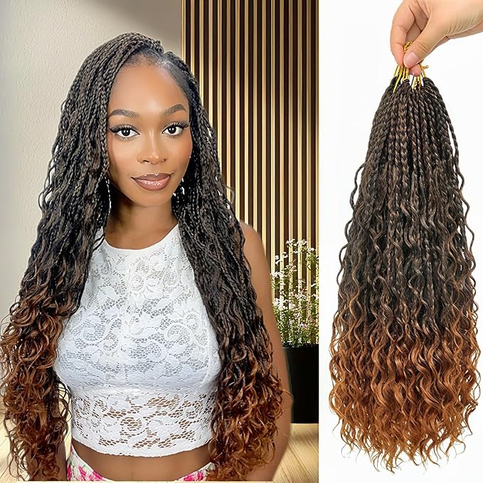 Eacia Goddess Box Braids Crochet Hair 18 Inch 7 Packs Pre Looped Boho Box Braids Crochet Hair Extensions with Curly Ends(18 Inch, T1B/30#)