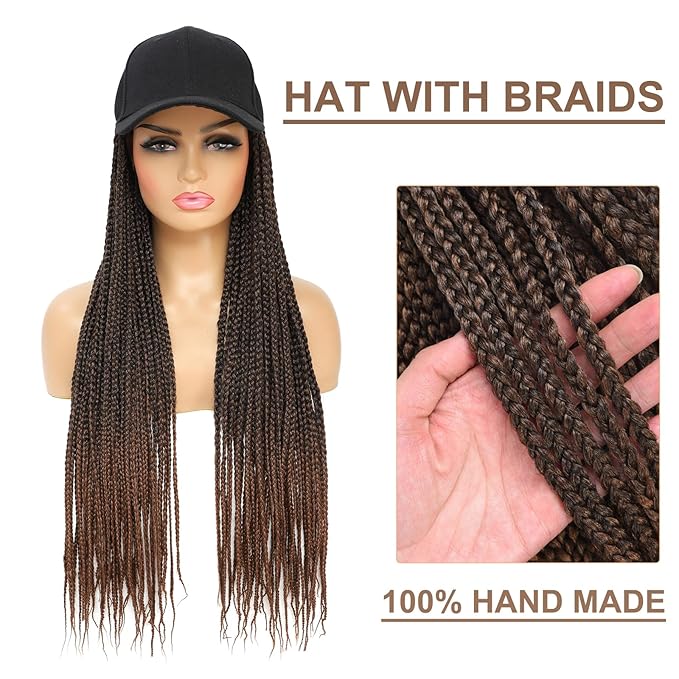 Hat Wig for Women Baseball Cap with Braided Hair Attached Synthetic Box Braid Wig Hat Adjustable Cap with ombre dark brown Braids for Daily Outdoor Halloween Use