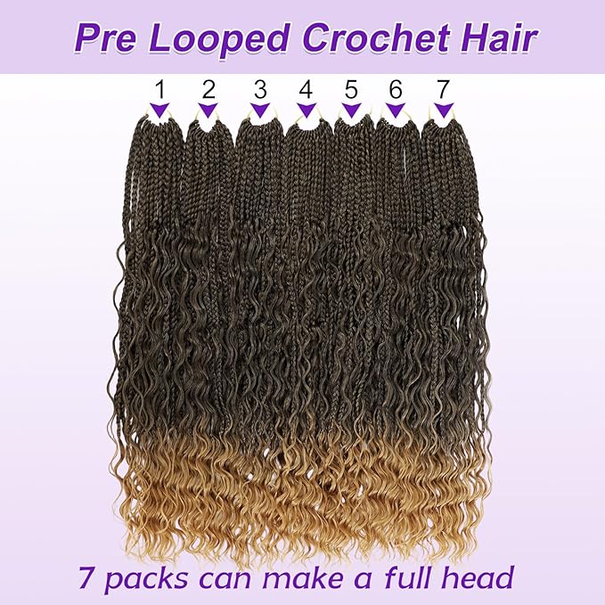 Eacia Goddess Box Braids Crochet Hair 24 Inch 7 Packs Boho Box Braids with Curly Ends Pre Looped Goddess Crochet Hair Extensions for Women (24 Inch, T1B/27#)