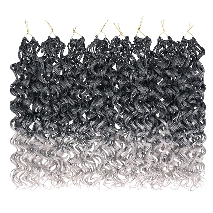 Leeven Gogo Curl Crochet Hair 10 Inch 8 Packs Ombre Gray Ocean Wave Crochet Braids Pre Looped Deep Twist Goddess Box Braids Short Curly Water Wave Synthetic Braiding Hair for Women Girl Kids