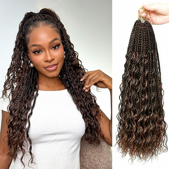 Eacia Goddess Box Braids Crochet Hair 18 Inch 7 Packs Boho Box Crochet Hair for Women Pre Looped Braids with Curly Ends (18 Inch, P4/30#)