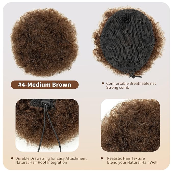 Human Hair Afro Puff Natural Real Ponytail Extension for Black Girls Women Short Kinky Curly Drawstring 4c Ponytail African American Cheer Fake Space Bun Medium Brown 6 Inch 40g