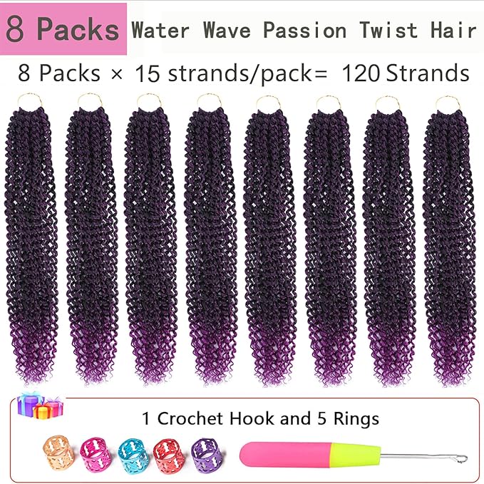 Passion Twist Hair Purple 24 Inch 8 Packs Passion Twist Crochet Hair Braiding Hair Long Bohemian Spring Twist Hair Crochet Braids Synthetic Hair Extension (24 Inch, T1B/Purple)