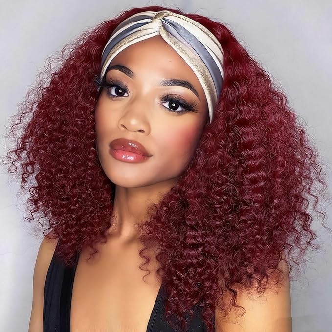 XSY Headband Wig Human Hair Kinky Curly 99J Burgundy Headband Wigs for Black Women Deep Curly Human Hair Wigs None Lace Front Wig 150% Density 20 Inch