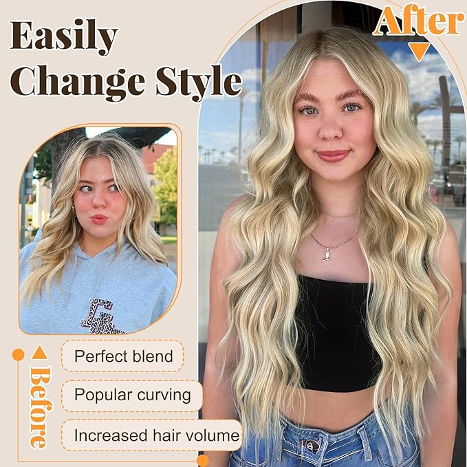 ALXNAN Clip in Long Wavy Synthetic Hair Extension 24 Inch Beach Blonde 4PCS Thick Hairpieces Fiber Double Weft Hair for Women
