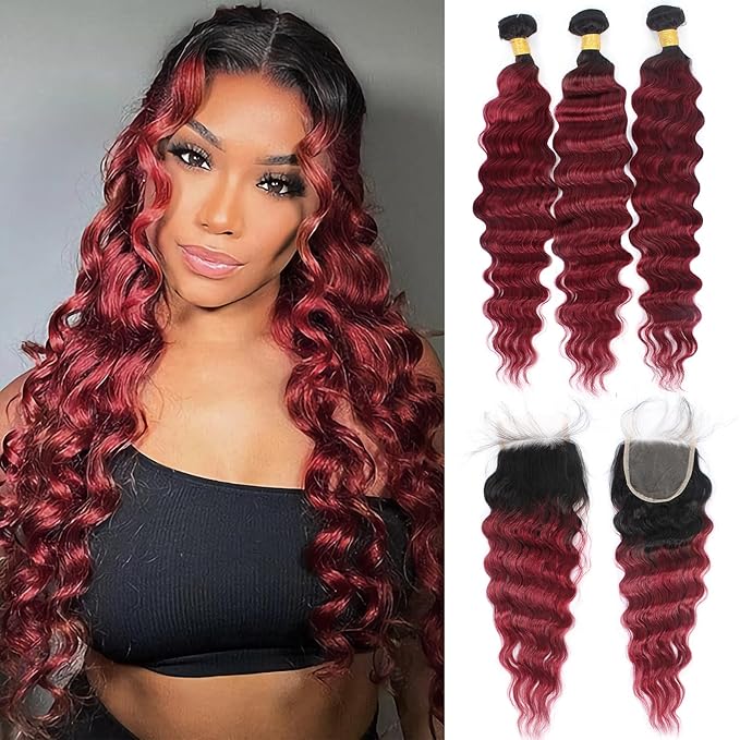 Loose Wave Bundles With Closure Burgundy Color Human Hair Loose Deep Wave Brazilian Virgin Hair 3 Bundles With 4x4 Lace Closure 1B99j Ombre Human Hair Bundles 70g/Bundle (24 26 28+22)