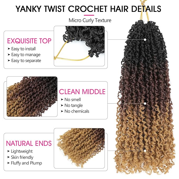 NAYOO 12 Inch Yanky Twist Crochet Hair - 8 Packs (30 Stands/Pack) Mini Passion Twist with Curly Ends Synthetic Pre-Looped Crochet Braids Braiding Hair (12 Inch, 1B/30/27)