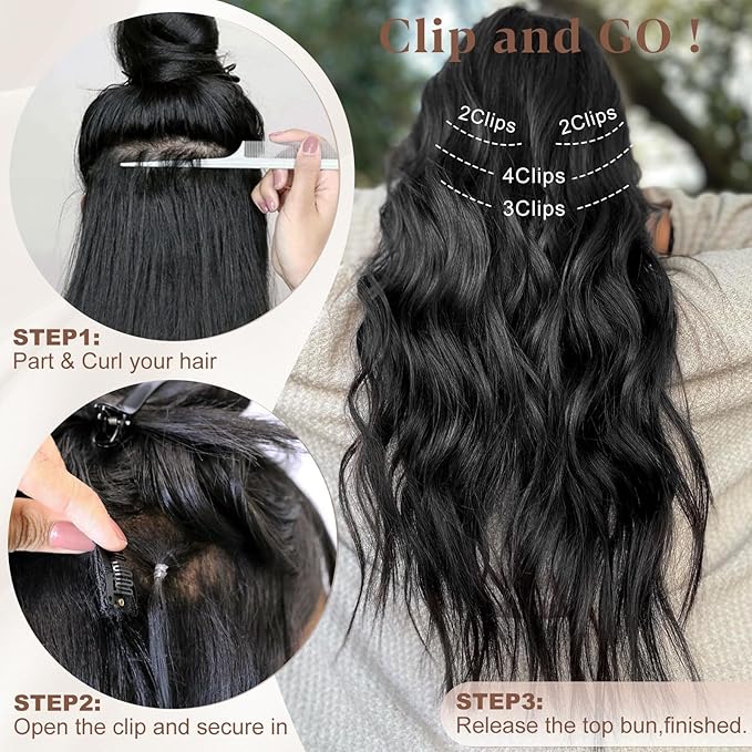 ALXNAN Clip in Hair Extension,Long Wavy Hair Extensions 20 Inch Black 4PCS Thick Hairpieces for Women