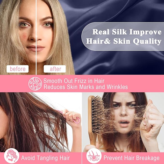 100% Pure Silk Pillowcase 2 Pack for Hair and Skin, Both Sides 23 Momme Grade 6A+ Mulberry Silk Pillowcases with Hidden Zipper, Soft&Smooth Cooling Pillow Cases (Navy Blue, King 20x36)