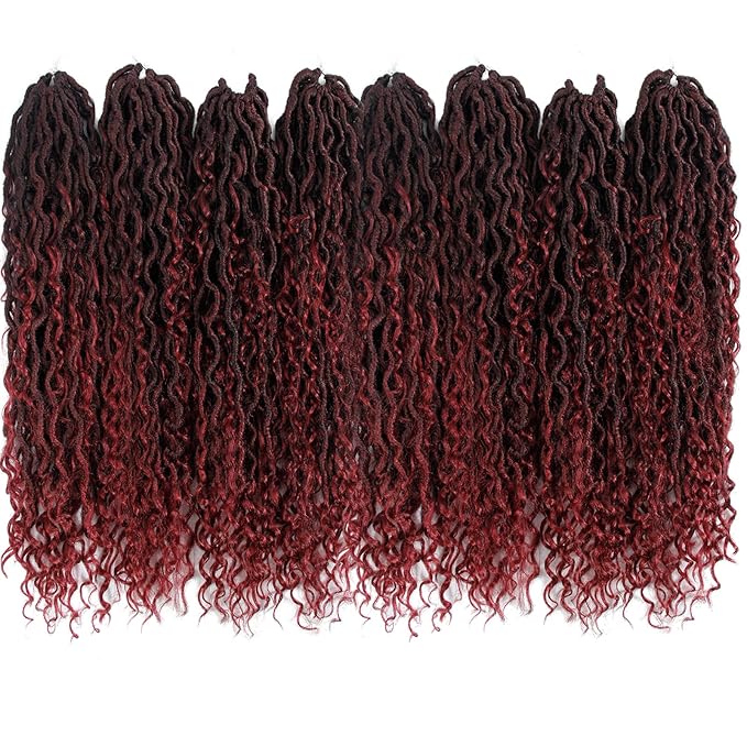 Goddess Locs Crochet Hair 18Inch 8Packs Boho Faux Locs,Burgundy Crochet Locs With Curly Ends River Hippie Locs Bohemian Locs Crochet Hair(1B/BUG, 18inch(Pack of 8))