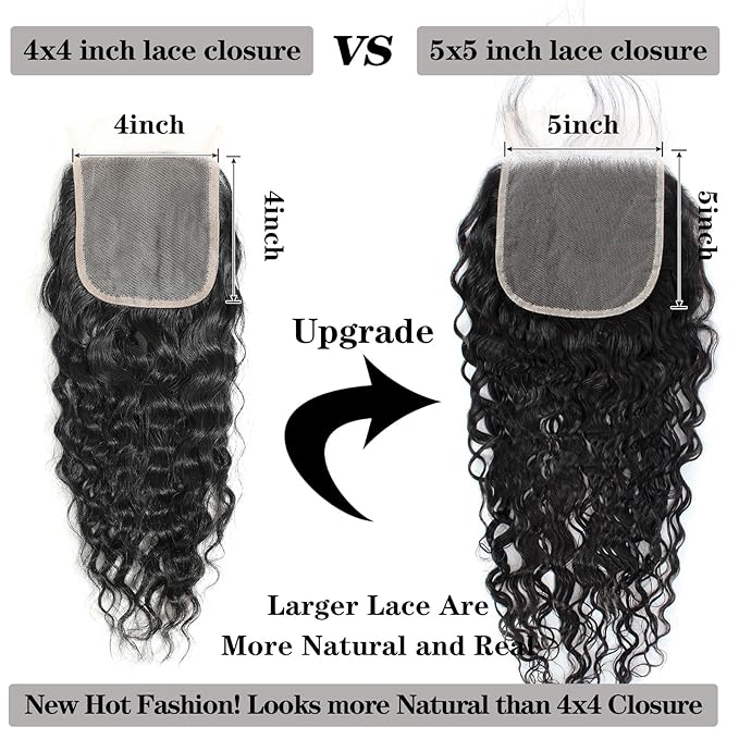 12A Human Hair 3 Bundles with 5x5 Lace Closure (20 22 24+18) 100% Unprocessed Brazilian Water Wave Virgin Remy Hair Ocean Wave Curly Human Hair Bundles with HD Lace Closure Natural Color