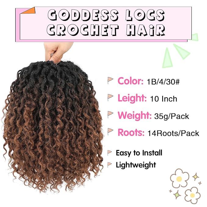 Fulcrum Goddess Locs Crochet Hair 10 Inch, 8 Packs New Faux Locs Crochet Hair for Black Women, Crochet locs with Curly Ends (10Inch (Pack of 8), 1B/4/30#)