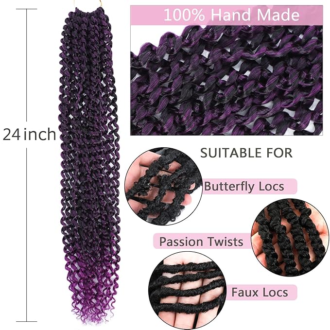 Passion Twist Hair Purple 24 Inch 8 Packs Passion Twist Crochet Hair Braiding Hair Long Bohemian Spring Twist Hair Crochet Braids Synthetic Hair Extension (24 Inch, T1B/Purple)