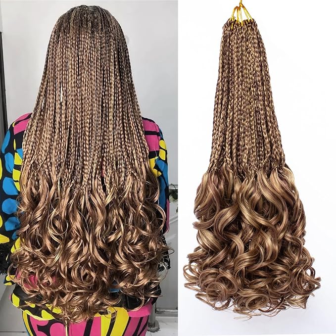 18 Inch French Curl Crochet Braids 9 Packs Goddess Box Braids with Bouncy Wavy Ends Honey Blonde Mix Brown Pre Looped Crochet Hair Synthetic French Curly Braiding Hair for Women