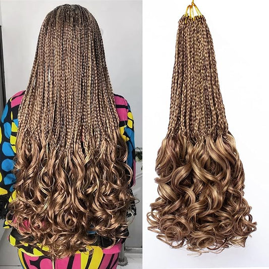 18 Inch French Curl Crochet Braids 9 Packs Goddess Box Braids with Bouncy Wavy Ends Honey Blonde Mix Brown Pre Looped Crochet Hair Synthetic French Curly Braiding Hair for Women