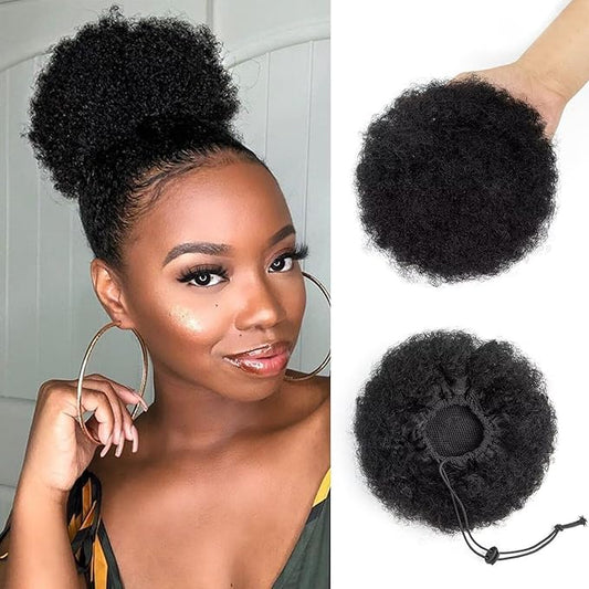 Afro Puff Clip On Human hair Drawstring Ponytail for Black Women,Ponytail Extension 6 Inch #1 Jet Black 50g Short Afro Kinkys Curly Afro Bun Extension Hairpiece