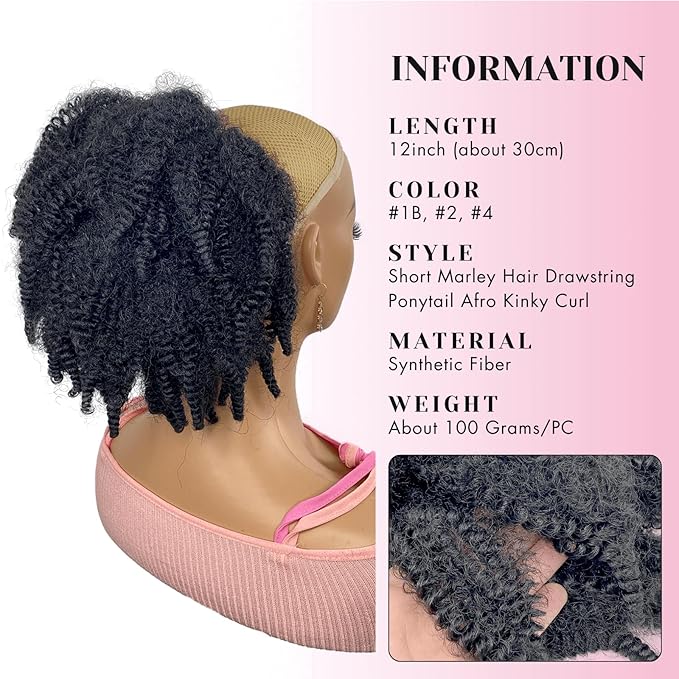 Short Marley Hair Drawstring Ponytail Black 4C Afro Puff Bun Braiding Ponytail Hair with Clips Synthetic Afro Kinky Curl Pony Tail Hairpiece for Black Women - Natural Black 12"