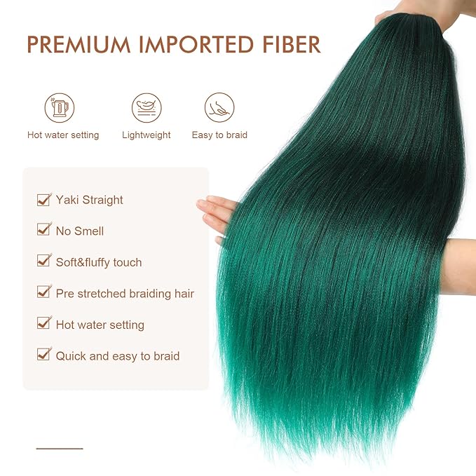 Pre-stretched Braiding Hair - 16 Inch 8 Packs Ombre Green Braiding Hair For Twist or Box Braids, Yaki Texture Hot Water Setting Synthetic Short Braiding Hair Extensions (16 Inch, T-Green-8P)